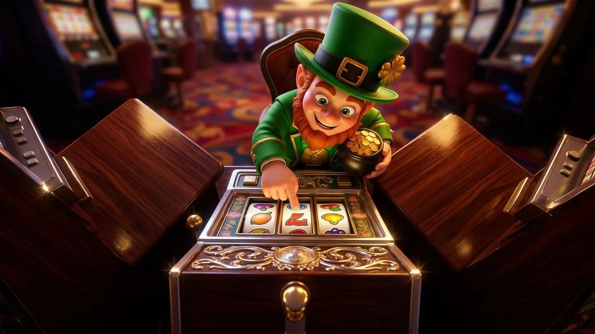 A NordicSpins mascot engaging with a slot machine inside a casino, viewed from above.