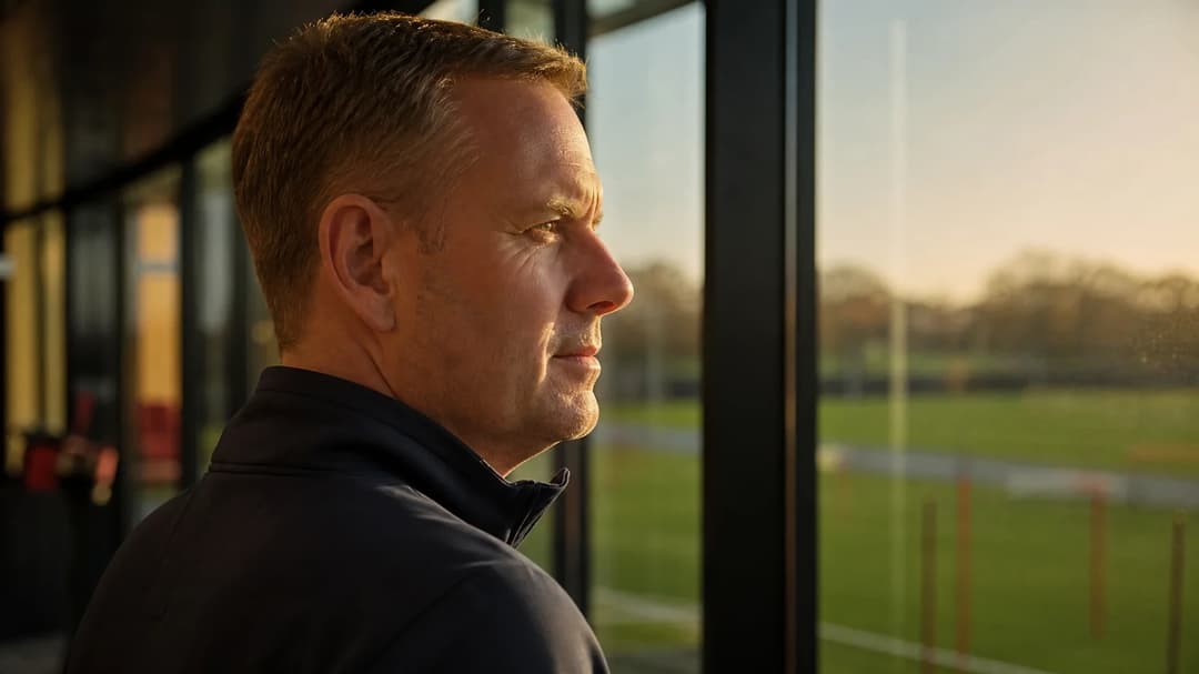 Richard Garlick, Arsenal's CEO, stands illuminated by warm sunlight, displaying a focused expression.