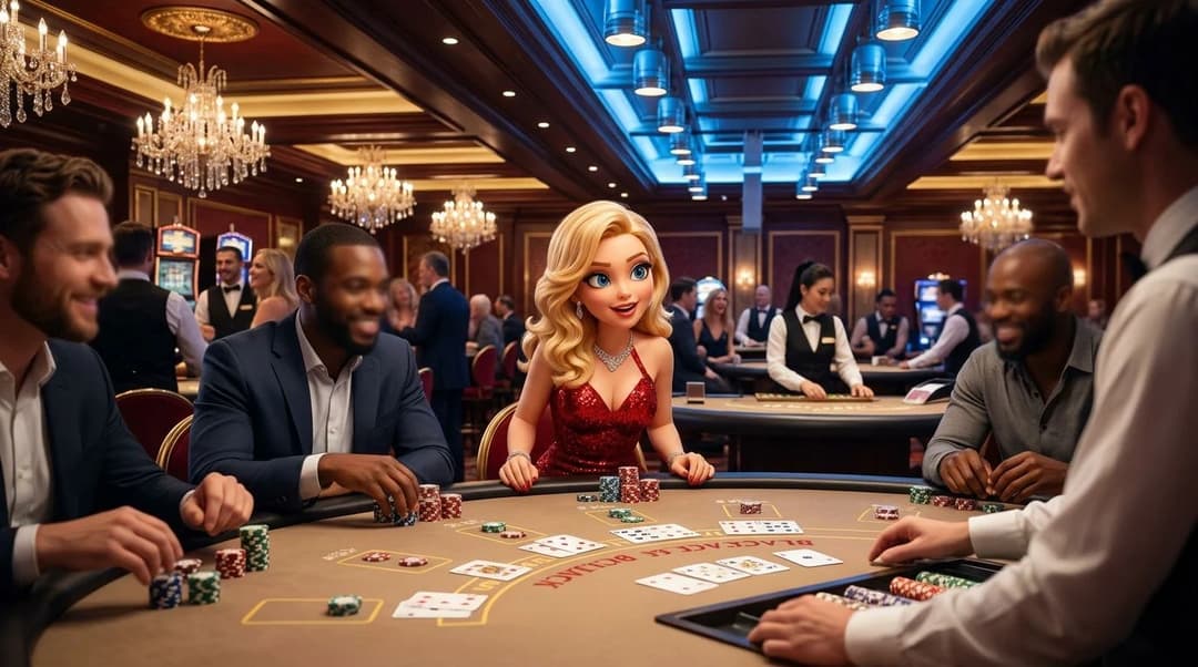 A NordicSpins mascot stands at a Blackjack table in a lively casino setting.