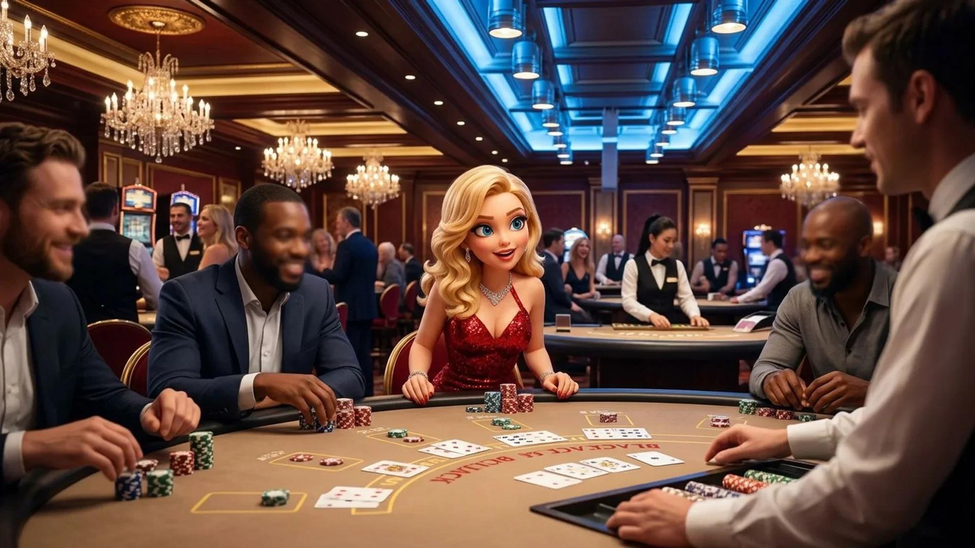A NordicSpins mascot stands at a Blackjack table in a lively casino setting.