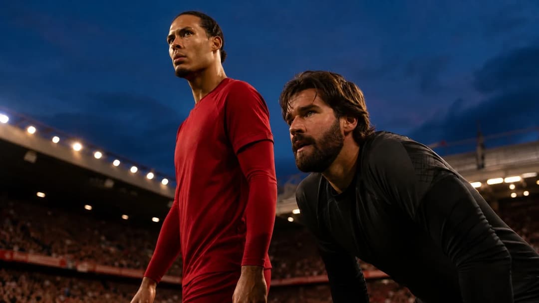 Virgil van Dijk and Alisson Becker stand on the pitch at Anfield, reflecting on a goalless match.