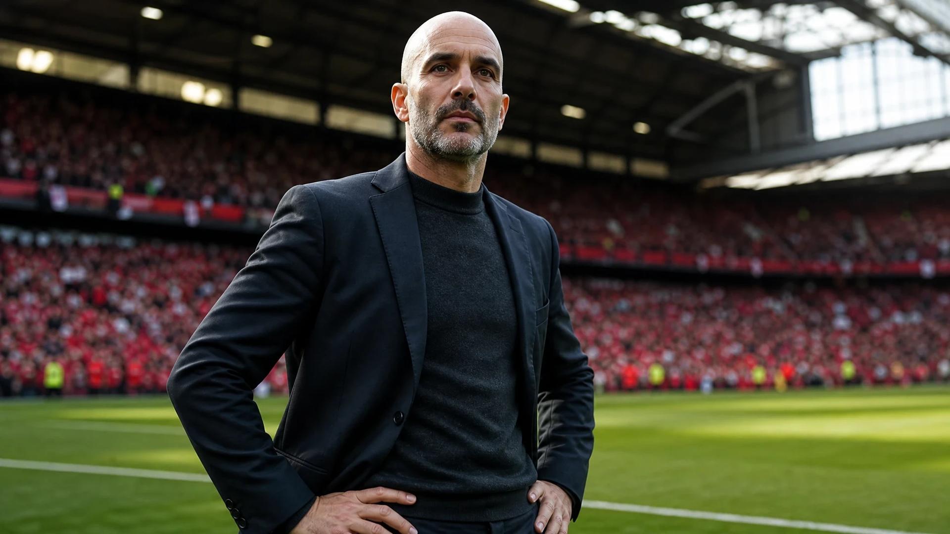 Enzo Maresca stands on the sidelines of Old Trafford with an intense expression before the Manchester derby.