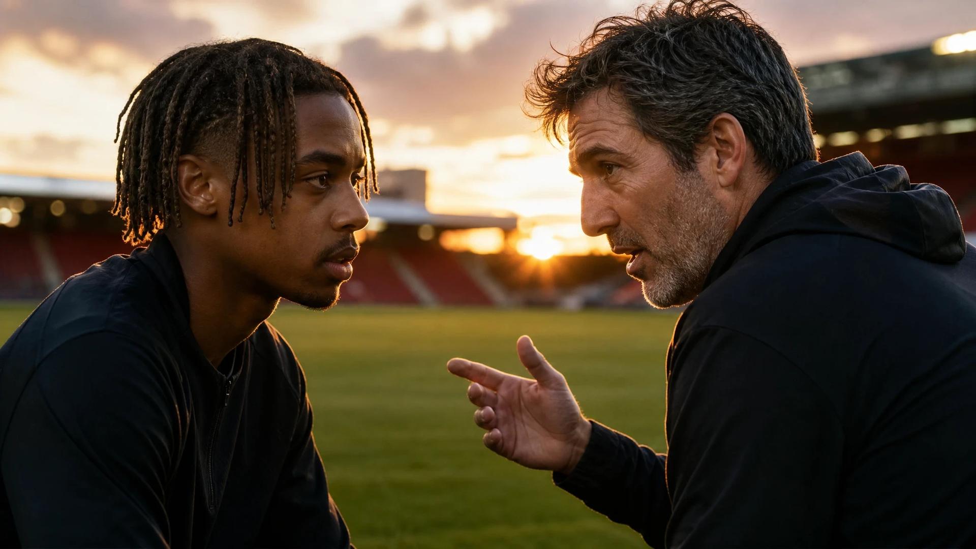 Bradley Barcola and Andoni Iraola engaged in conversation on the football pitch during training.