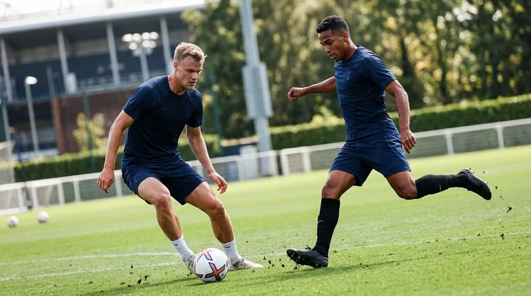 Jan Paul van Hecke and Mateus Fernandes training on the pitch at Tottenham Hotspur Stadium.