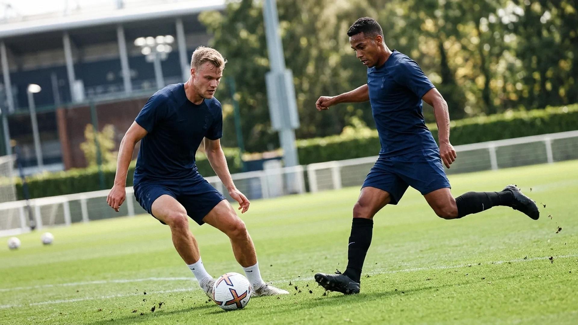 Jan Paul van Hecke and Mateus Fernandes training on the pitch at Tottenham Hotspur Stadium.