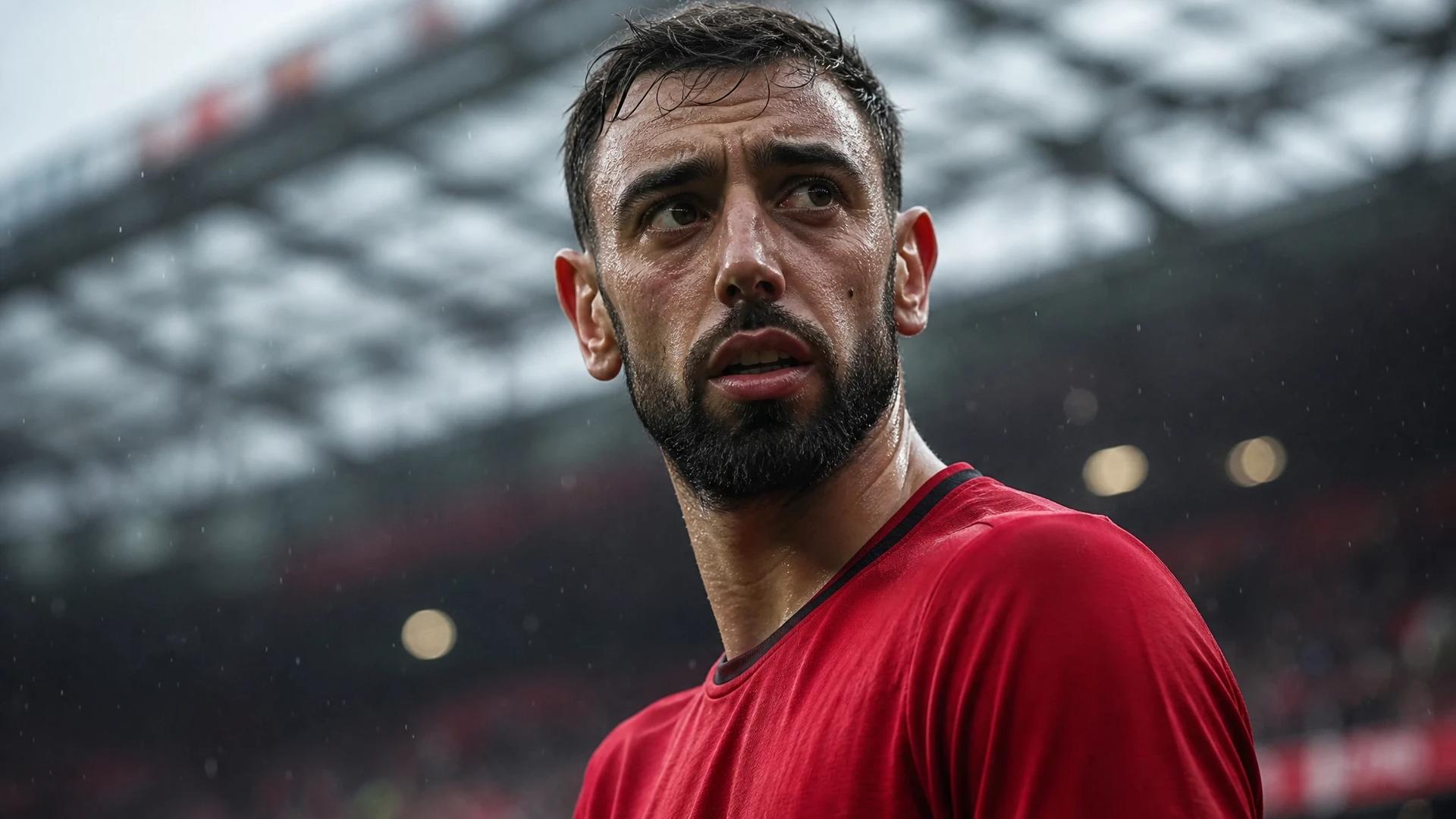 Bruno Fernandes in a focused pose during a match at Old Trafford.