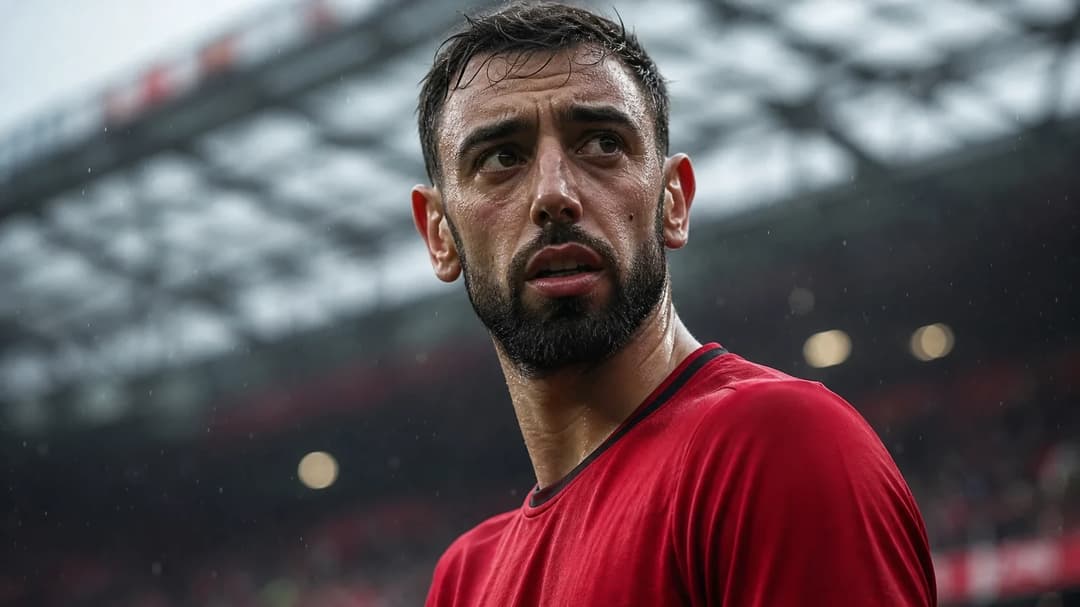 Bruno Fernandes in a focused pose during a match at Old Trafford.