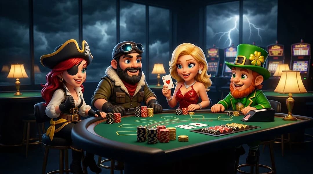 A scene featuring NordicSpins mascots gathered around a blackjack table in a dimly lit casino, under stormy clouds.