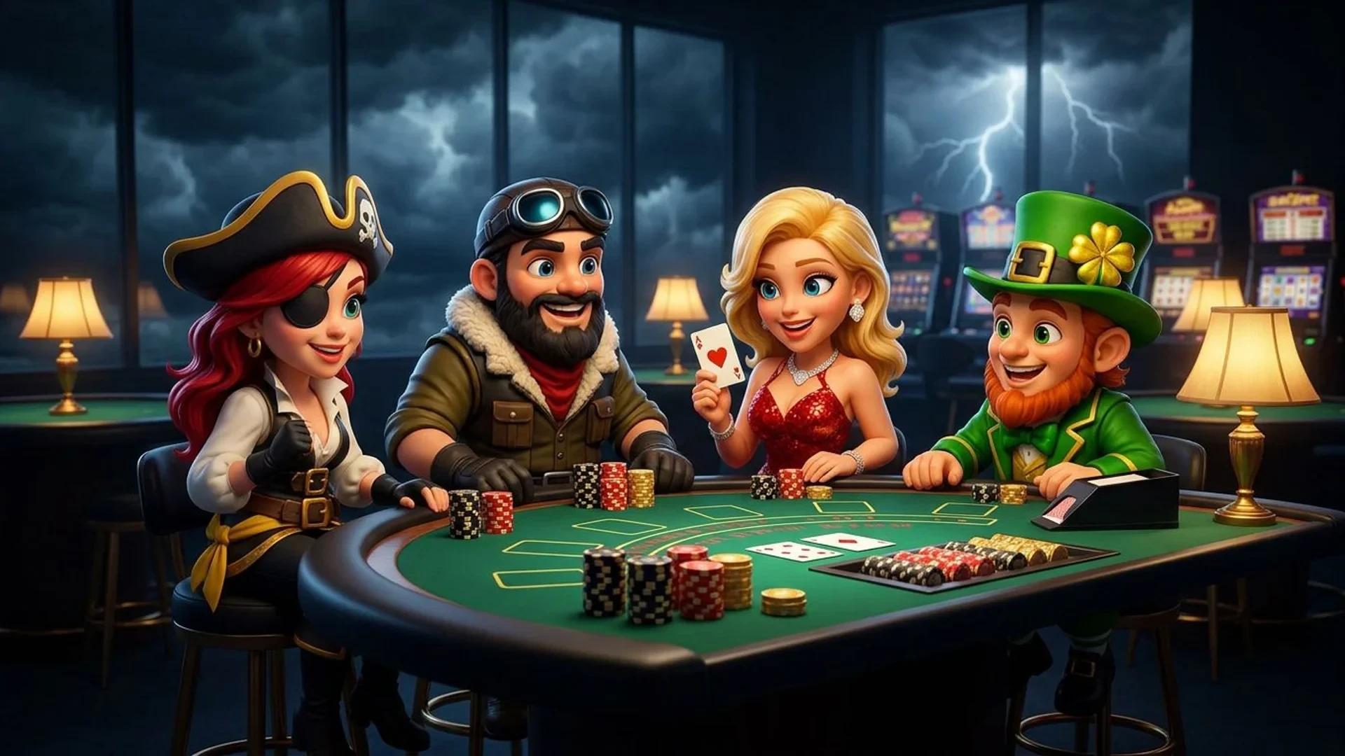 A scene featuring NordicSpins mascots gathered around a blackjack table in a dimly lit casino, under stormy clouds.