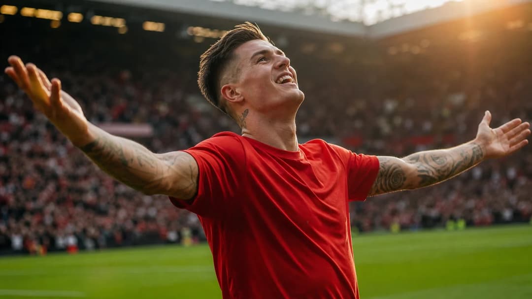Benjamin Sesko celebrates scoring a goal at Old Trafford during a Champions League match.