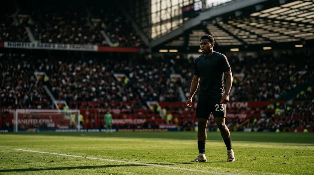 Patrick Dorgu stands on the pitch at Old Trafford, expressing determination before the Manchester derby.