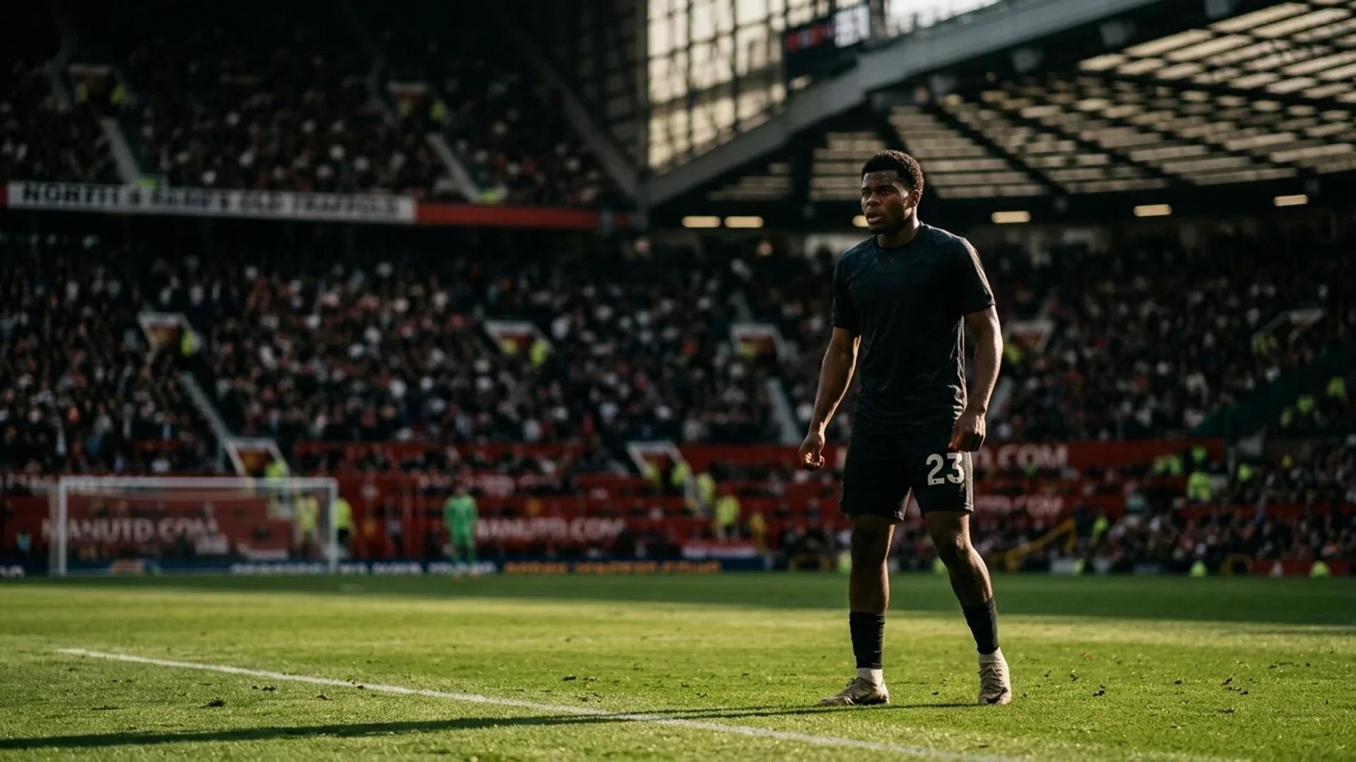 Patrick Dorgu stands on the pitch at Old Trafford, expressing determination before the Manchester derby.