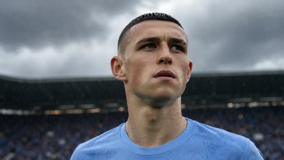 Phil Foden preparing for the Manchester derby with an intense expression.