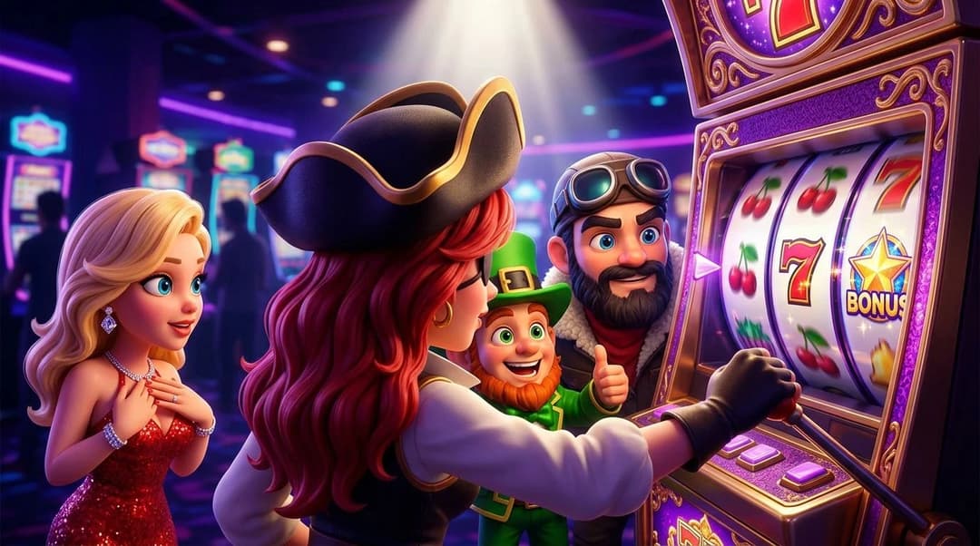 NordicSpins mascots engaged around a slot machine in a colorful casino setting.