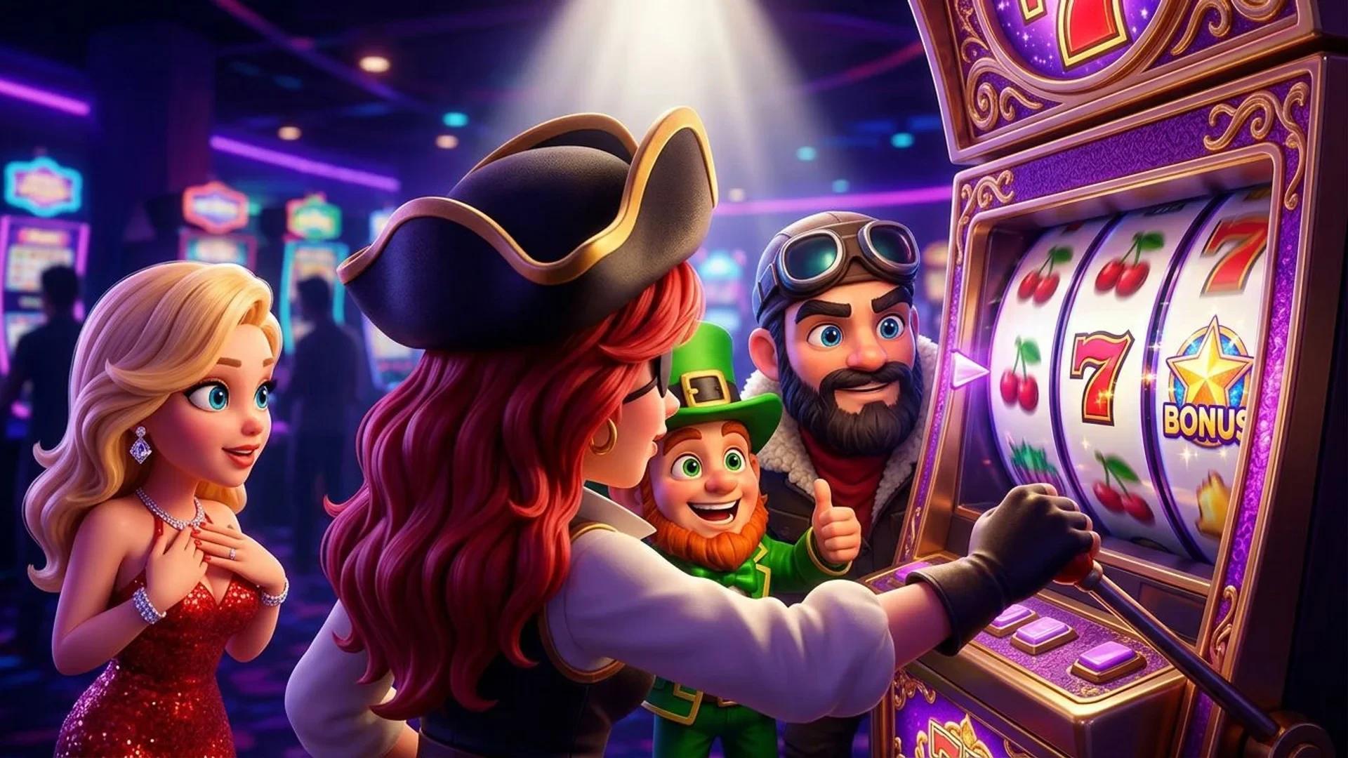 NordicSpins mascots engaged around a slot machine in a colorful casino setting.