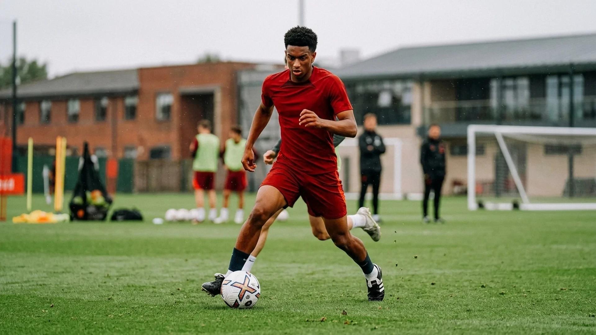 Alejandro Balde training with a football on the pitch.
