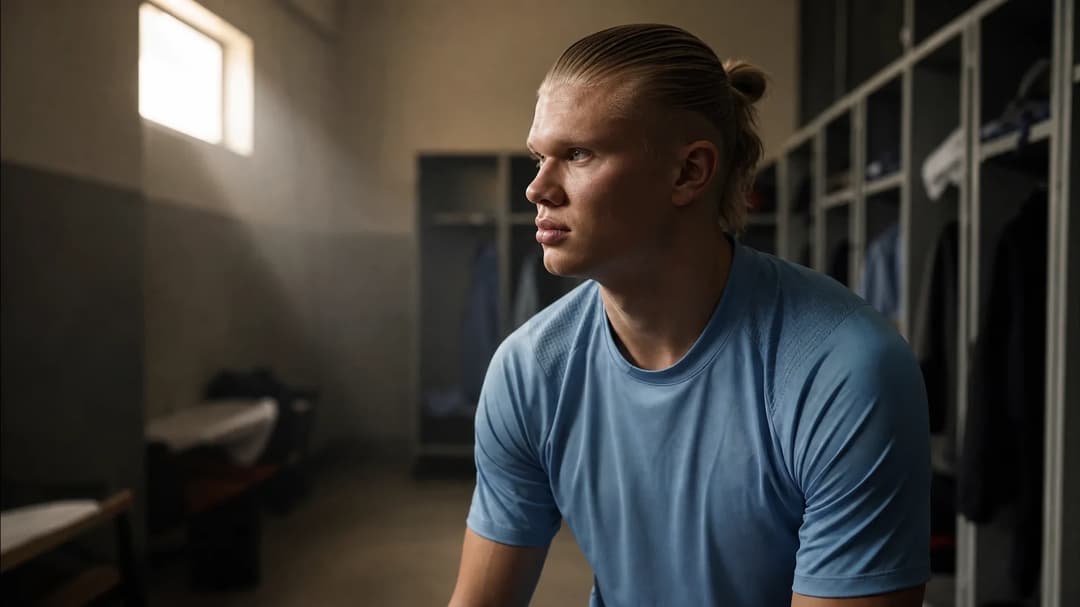 Erling Haaland in a dimly lit locker room, preparing for a match.