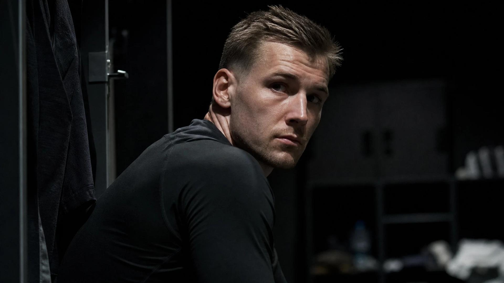 Nikita Haikin in a dimly lit locker room, preparing for a football match.