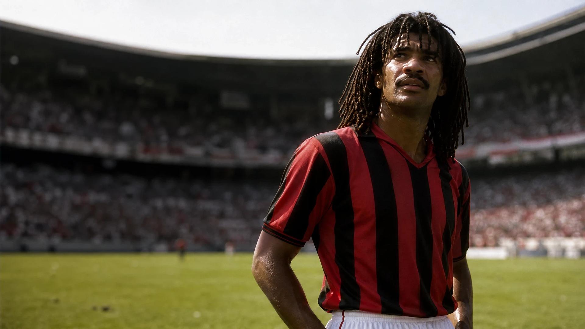 Ruud Gullit stands on a football pitch looking contemplative after a match.