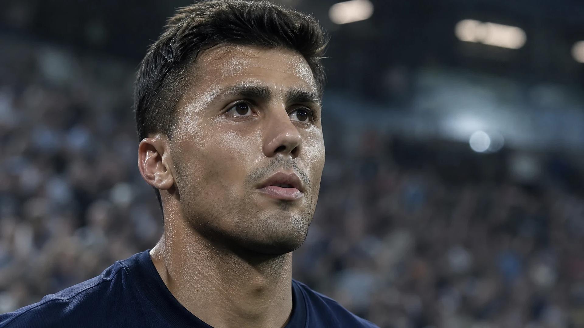 Rodri in a stadium during a match, focused and determined.