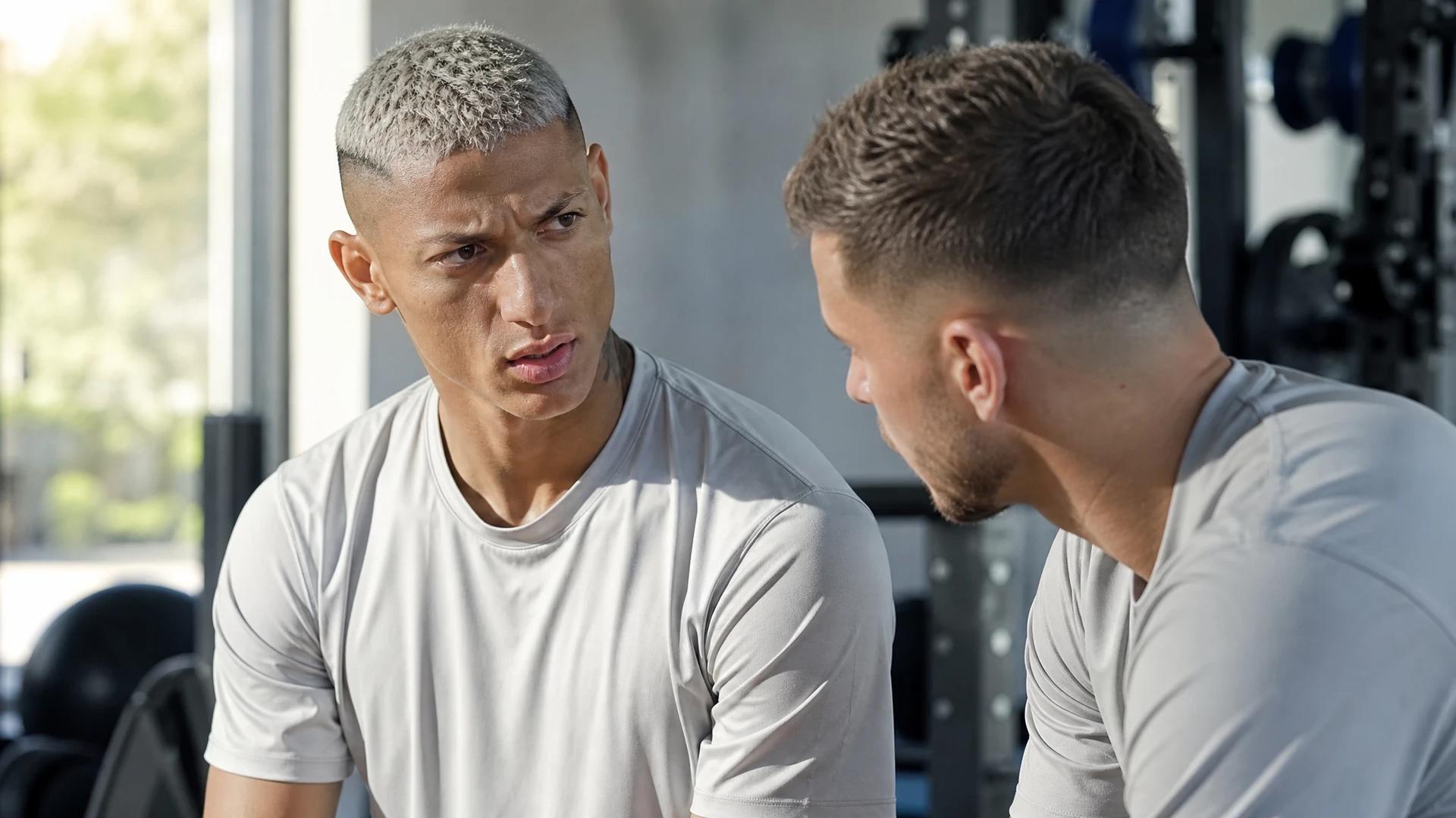 Richarlison and a teammate engaged in a serious conversation in a training room.