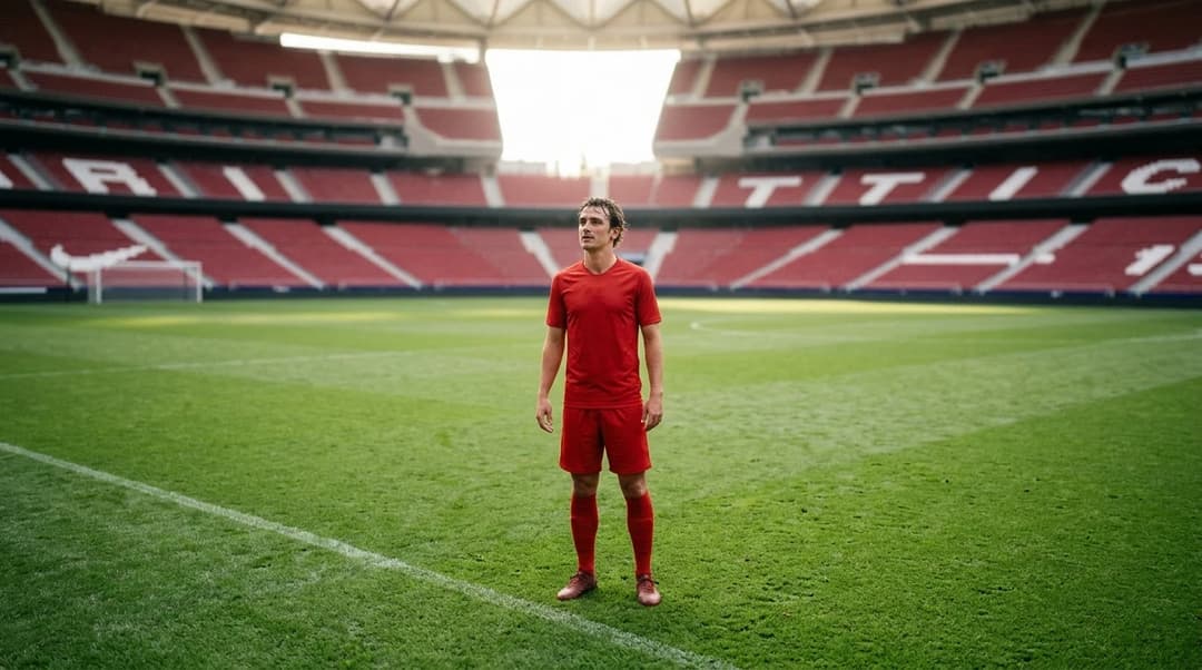 A football player stands alone on the field at the Metropolitano Stadium, looking reflective after a match.