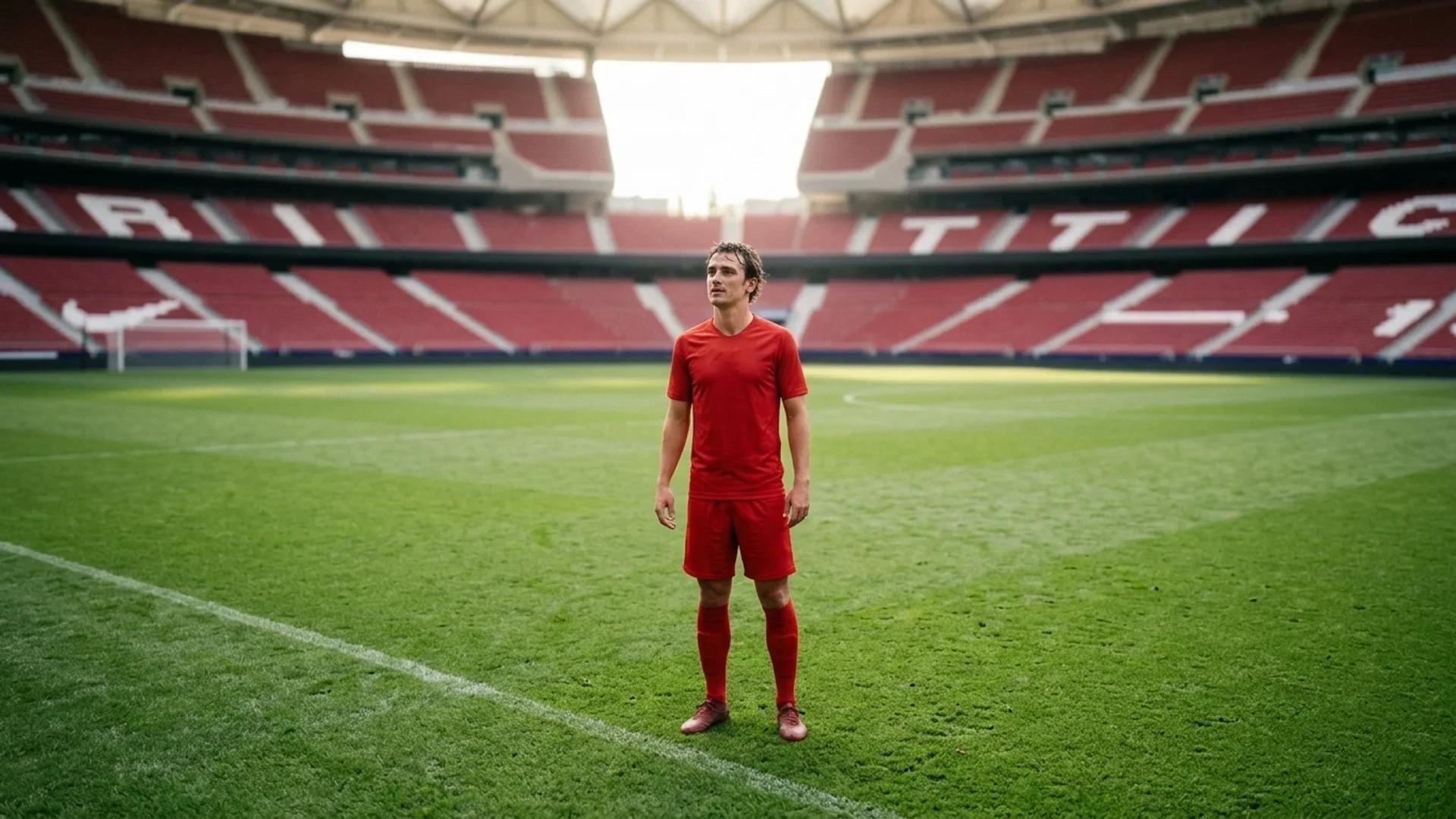 A football player stands alone on the field at the Metropolitano Stadium, looking reflective after a match.