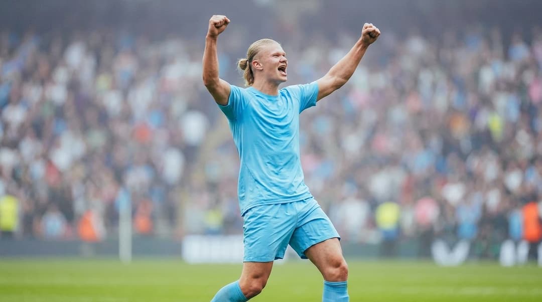 Erling Haaland celebrating during a football match at Old Trafford.