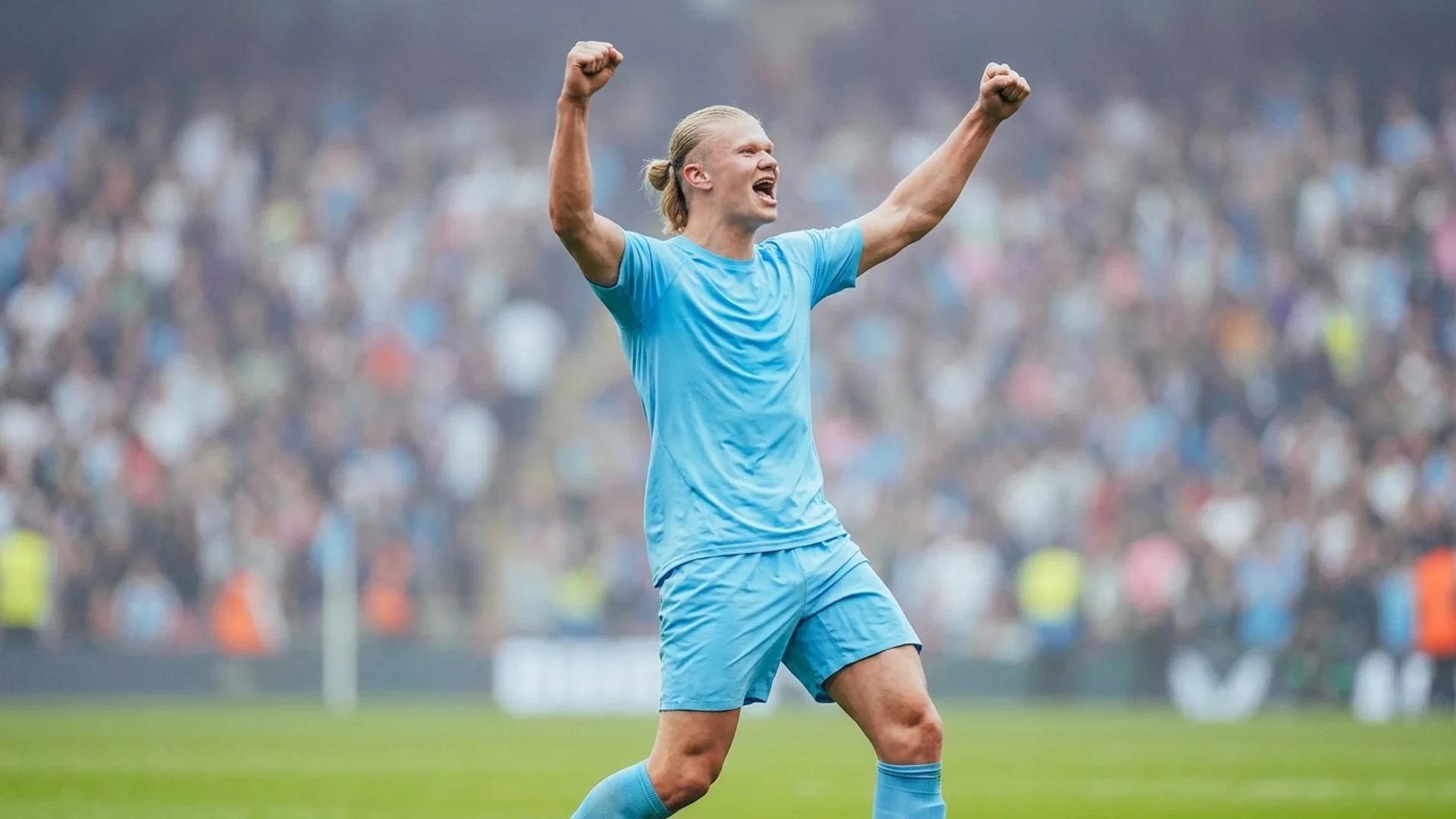Erling Haaland celebrating during a football match at Old Trafford.