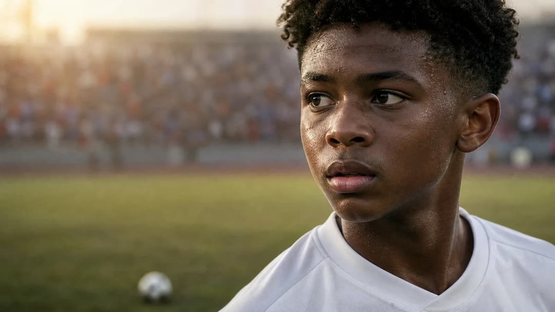 JJ Gabriel stands in focus, showcasing a determined expression amidst a blurred stadium background.