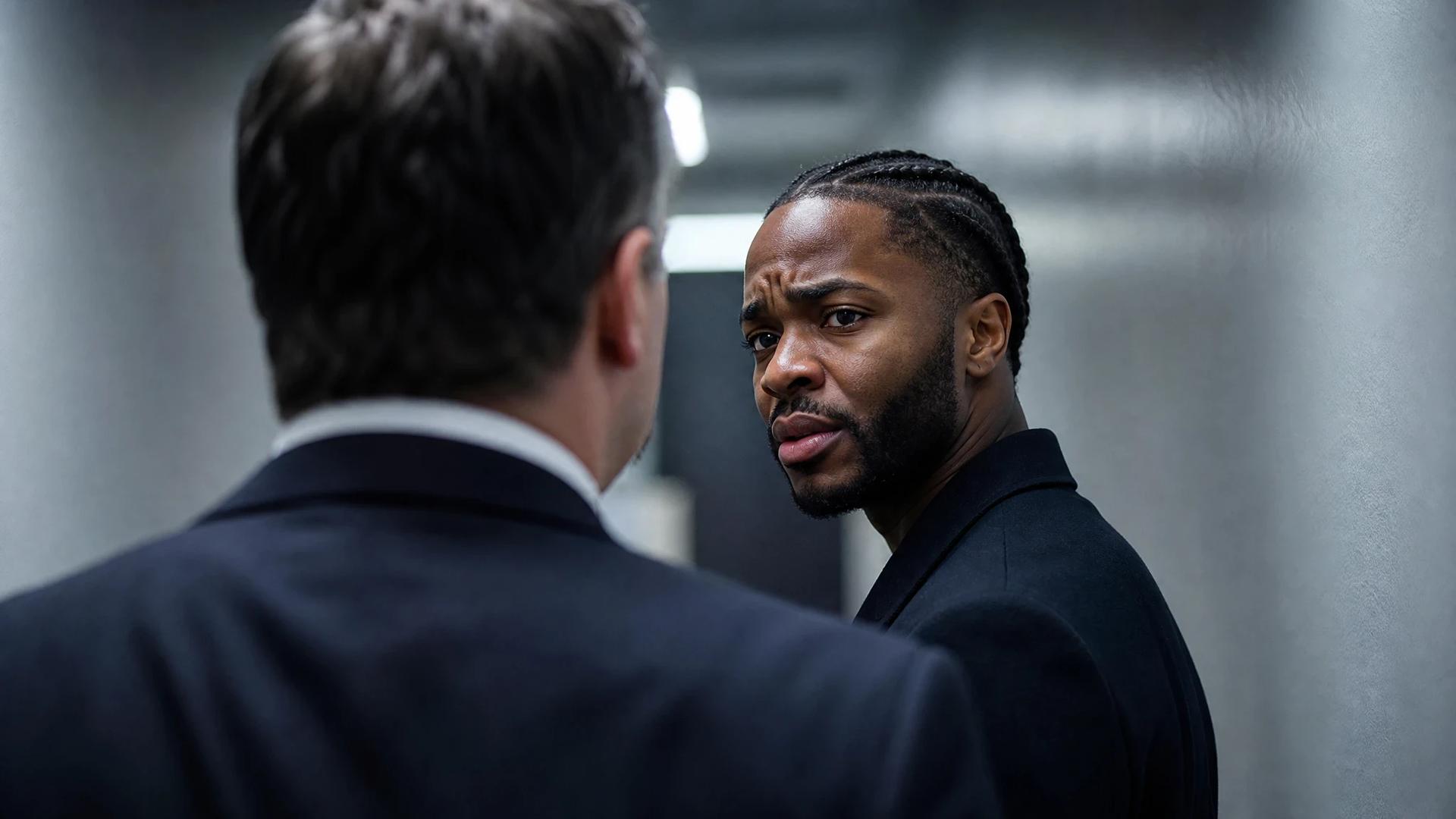 Raheem Sterling in a serious discussion with a legal advisor in a dimly lit court corridor.