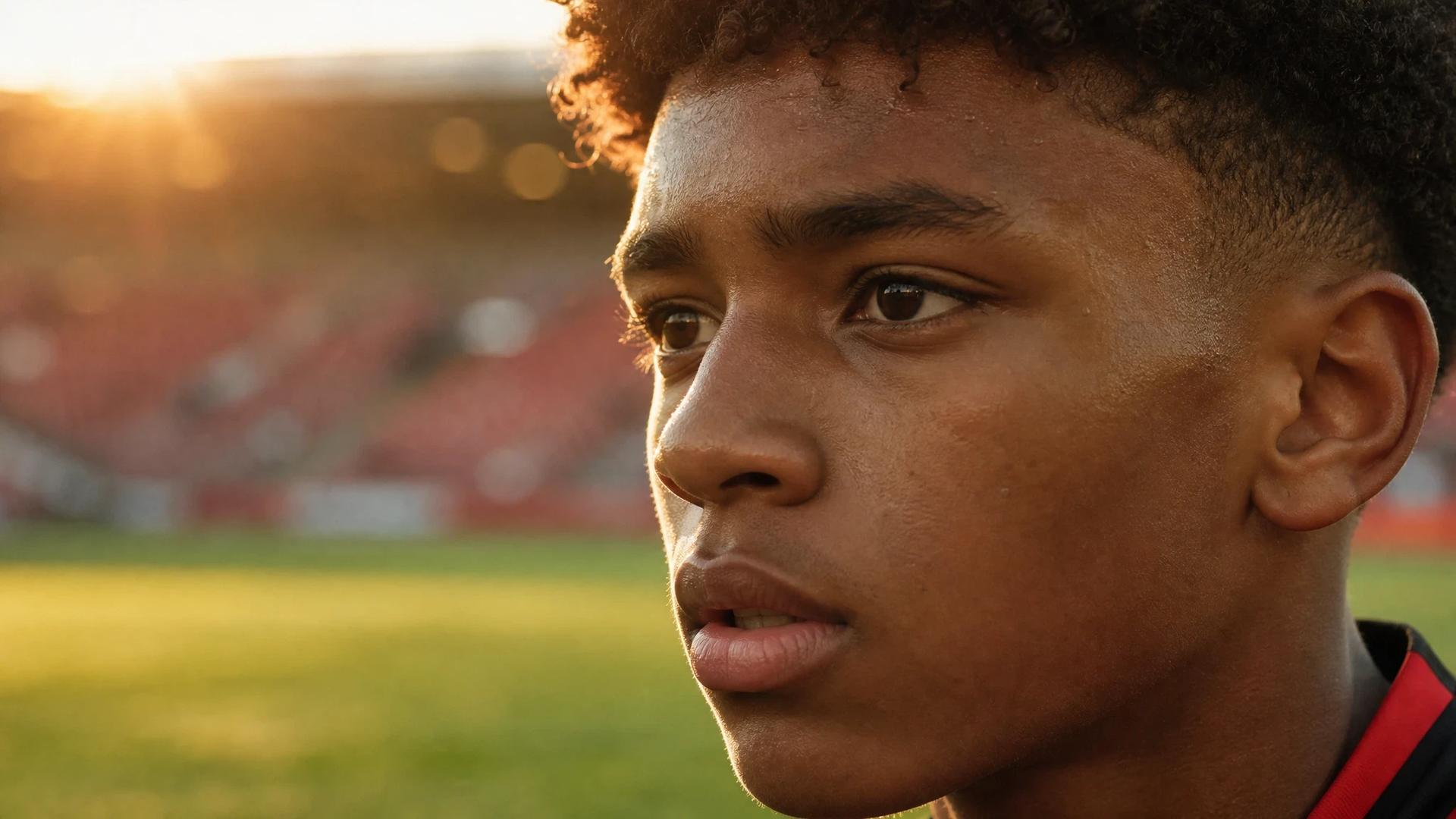 Extreme close-up of a young football player with a determined expression.
