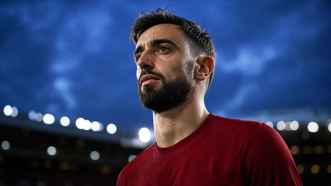 Bruno Fernandes looks determined on the pitch during dusk before a match.