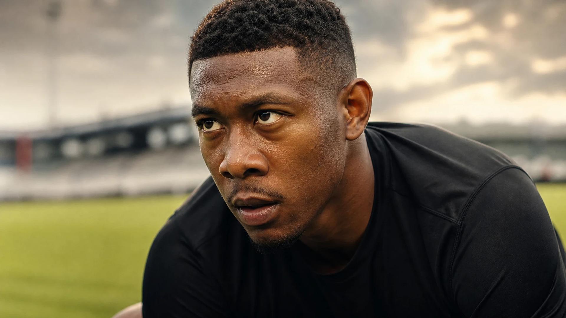 Close-up image of David Alaba training, showcasing focus and determination.