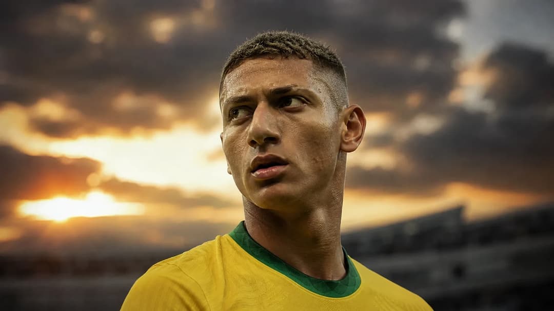 Richarlison shown in silhouette against a stormy sky, showcasing his athletic build and facial expression of determination.