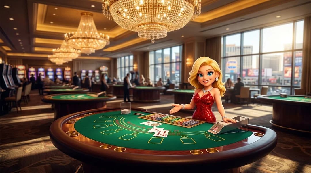 A NordicSpins mascot stands by a blackjack table in a bright casino, inviting players to join.