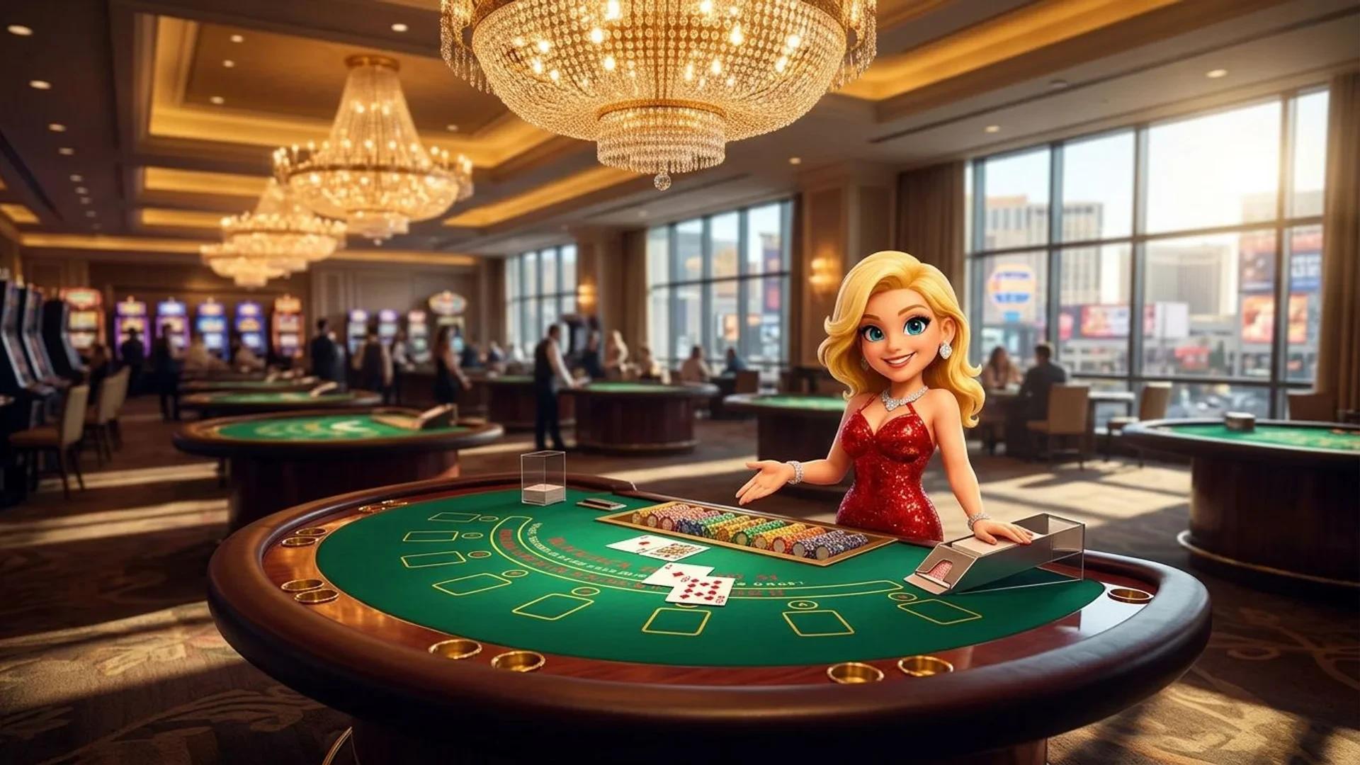 A NordicSpins mascot stands by a blackjack table in a bright casino, inviting players to join.