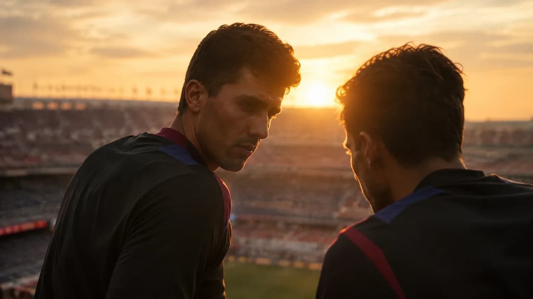 Rodri and a teammate in silhouette discussing strategy at sunset.
