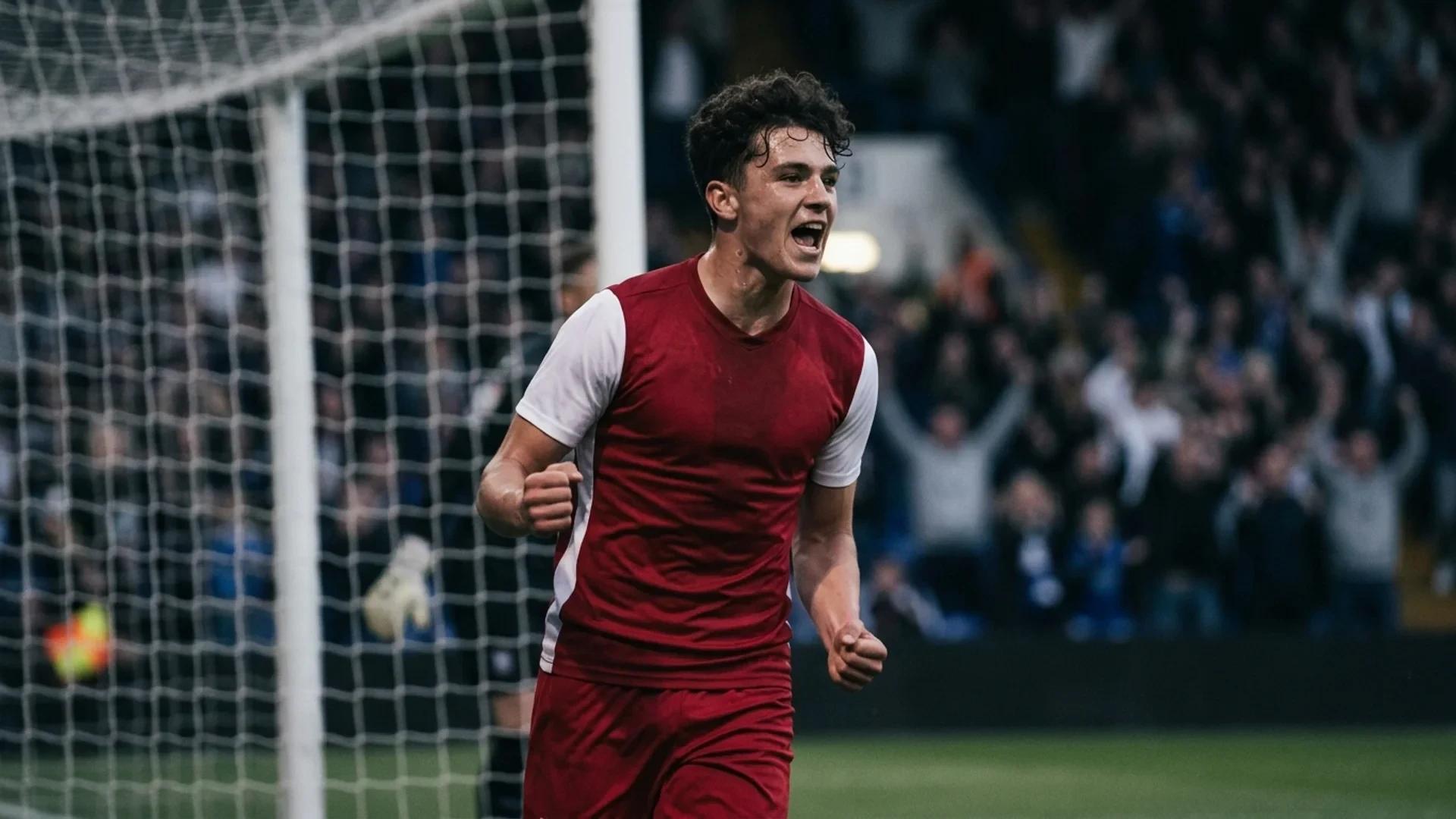 Max Dowman celebrating a goal in a football match.