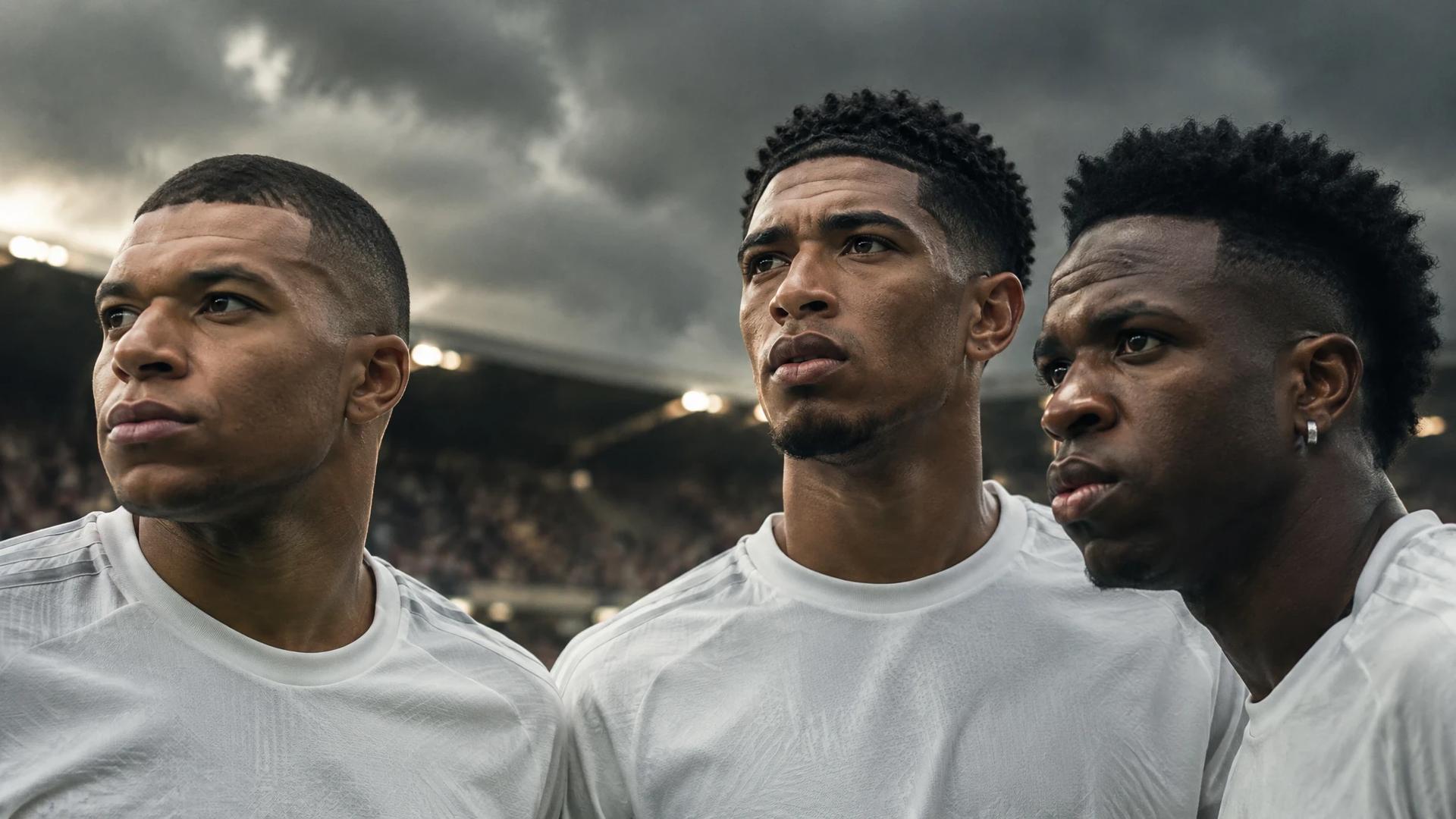 Kylian Mbappé, Jude Bellingham, and Vinicius Junior in a pre-match moment on the football pitch, showing focused expressions.