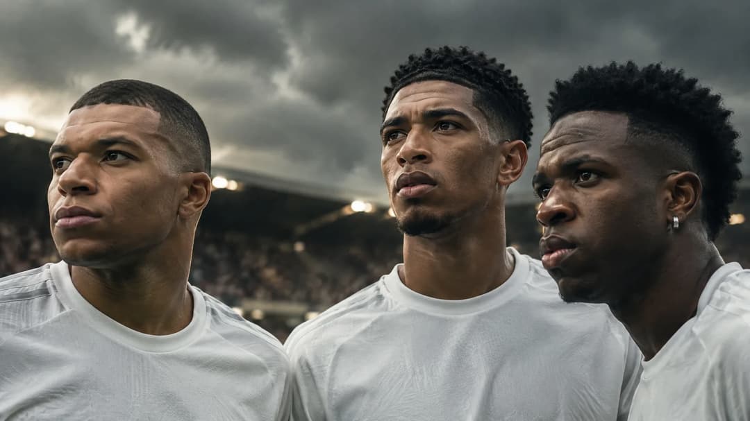 Kylian Mbappé, Jude Bellingham, and Vinicius Junior in a pre-match moment on the football pitch, showing focused expressions.
