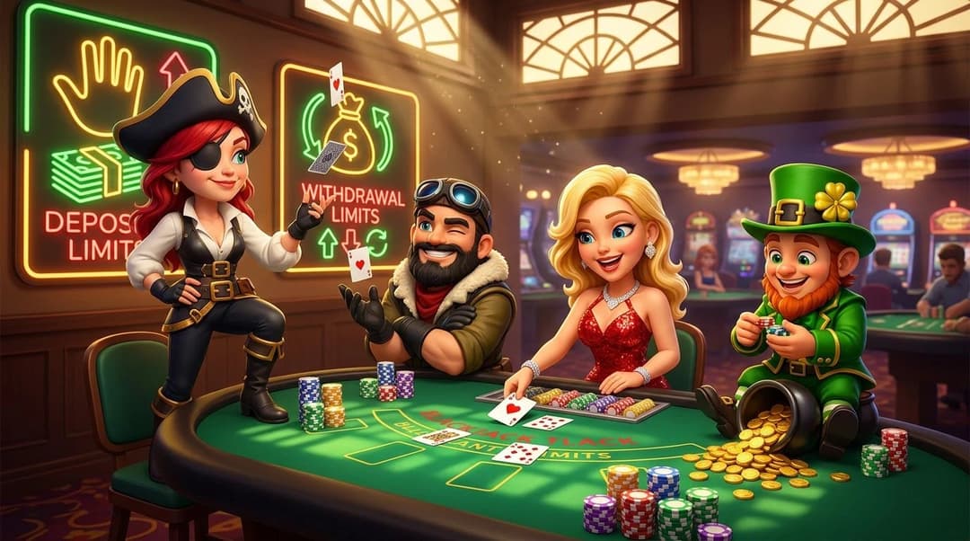 A lively casino scene featuring NordicSpins mascots around a blackjack table, showcasing playful interactions.