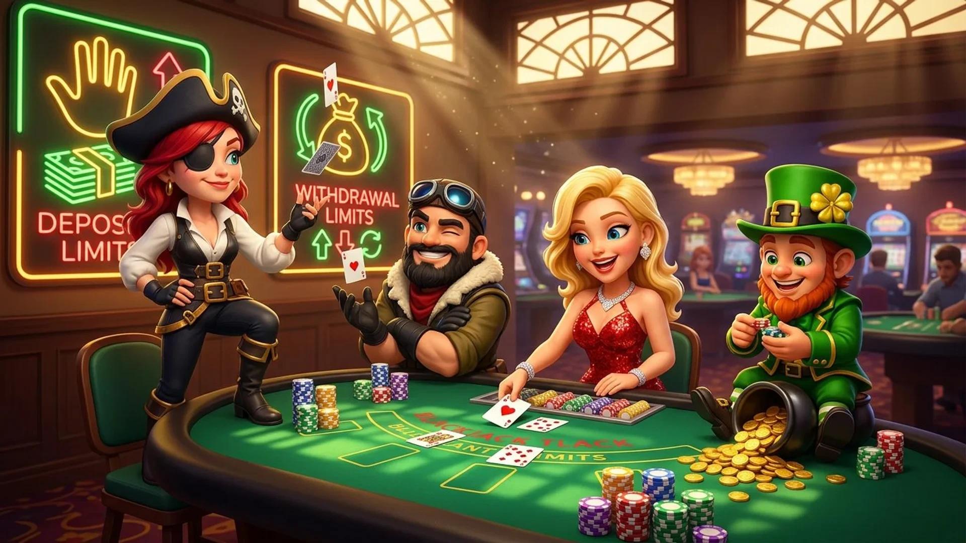 A lively casino scene featuring NordicSpins mascots around a blackjack table, showcasing playful interactions.