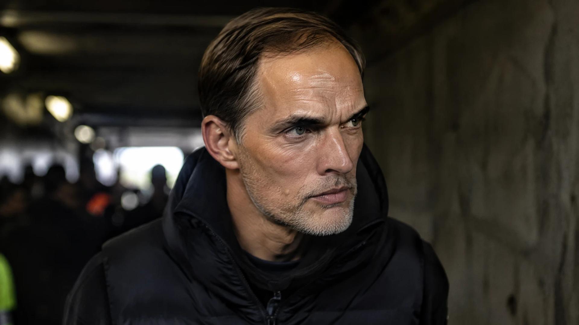 Thomas Tuchel reflecting in a dimly lit stadium tunnel after a match.