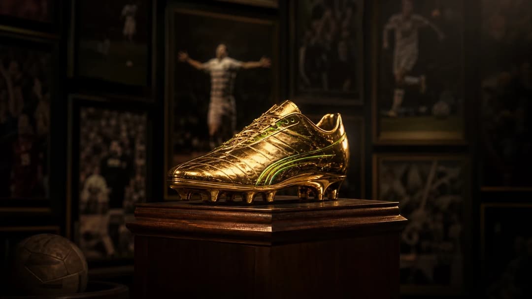 A close-up of a golden football boot on a pedestal, lightly illuminated in a dark room.