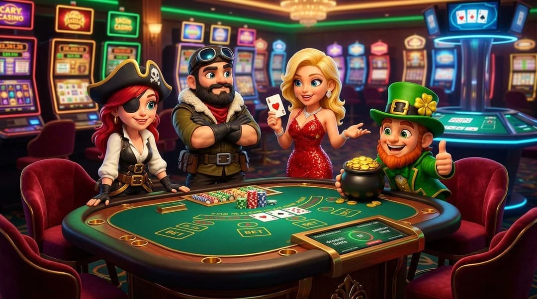 A playful scene with NordicSpins mascots at a casino gaming table promoting responsible gaming.