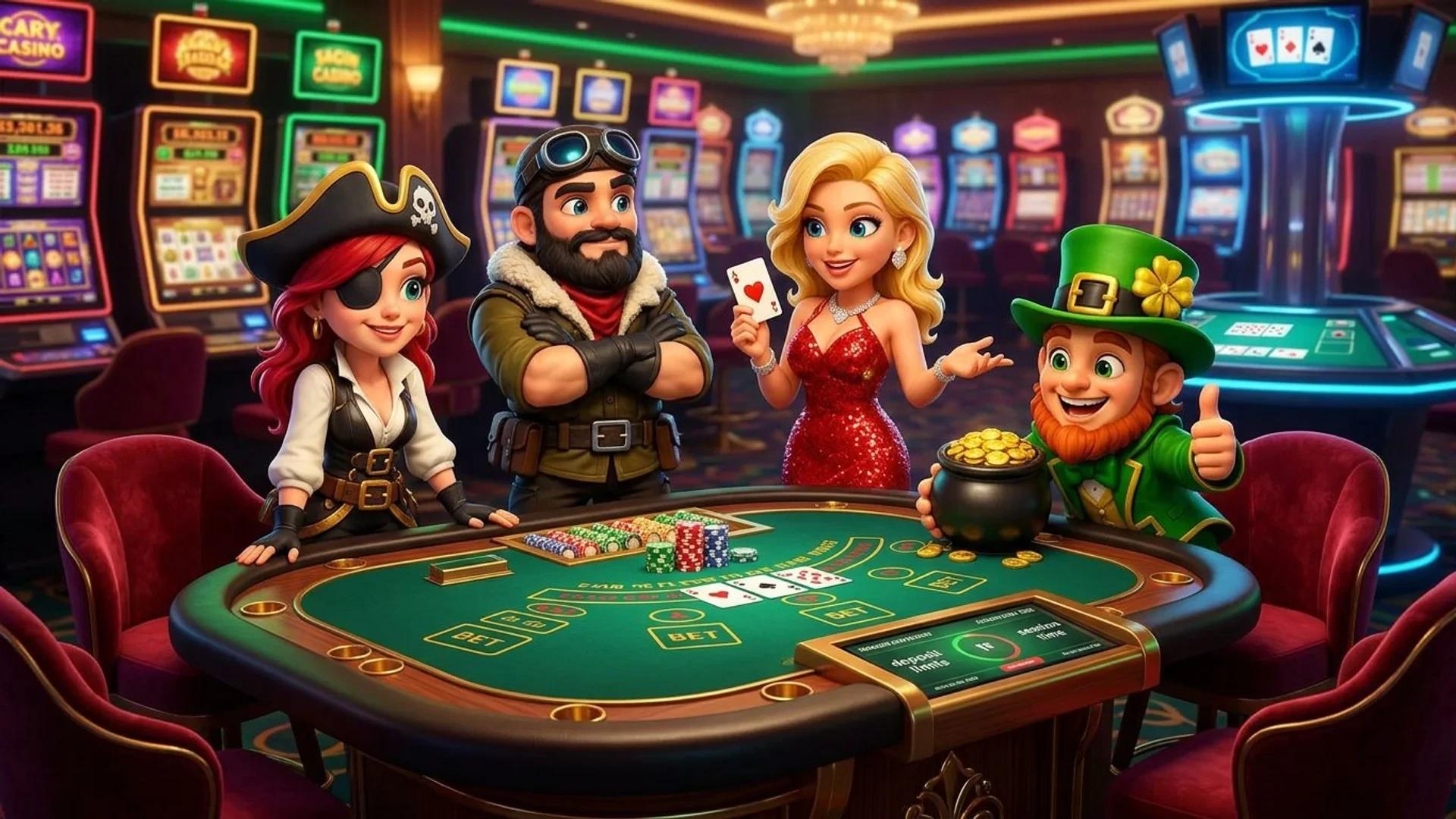 A playful scene with NordicSpins mascots at a casino gaming table promoting responsible gaming.