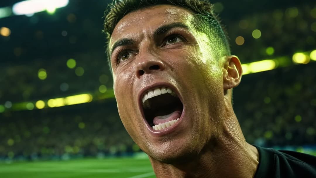 Close-up of a football player celebrating with an intense expression, illuminated by mixed lighting.