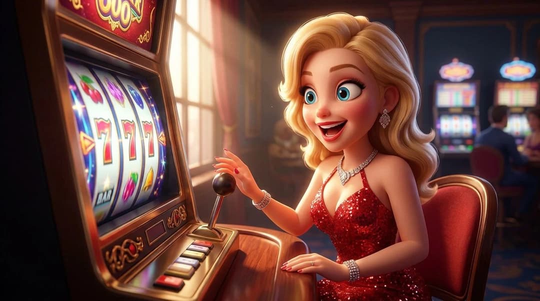 A close-up of a NordicSpins mascot excitedly preparing to play a slot machine at a casino.