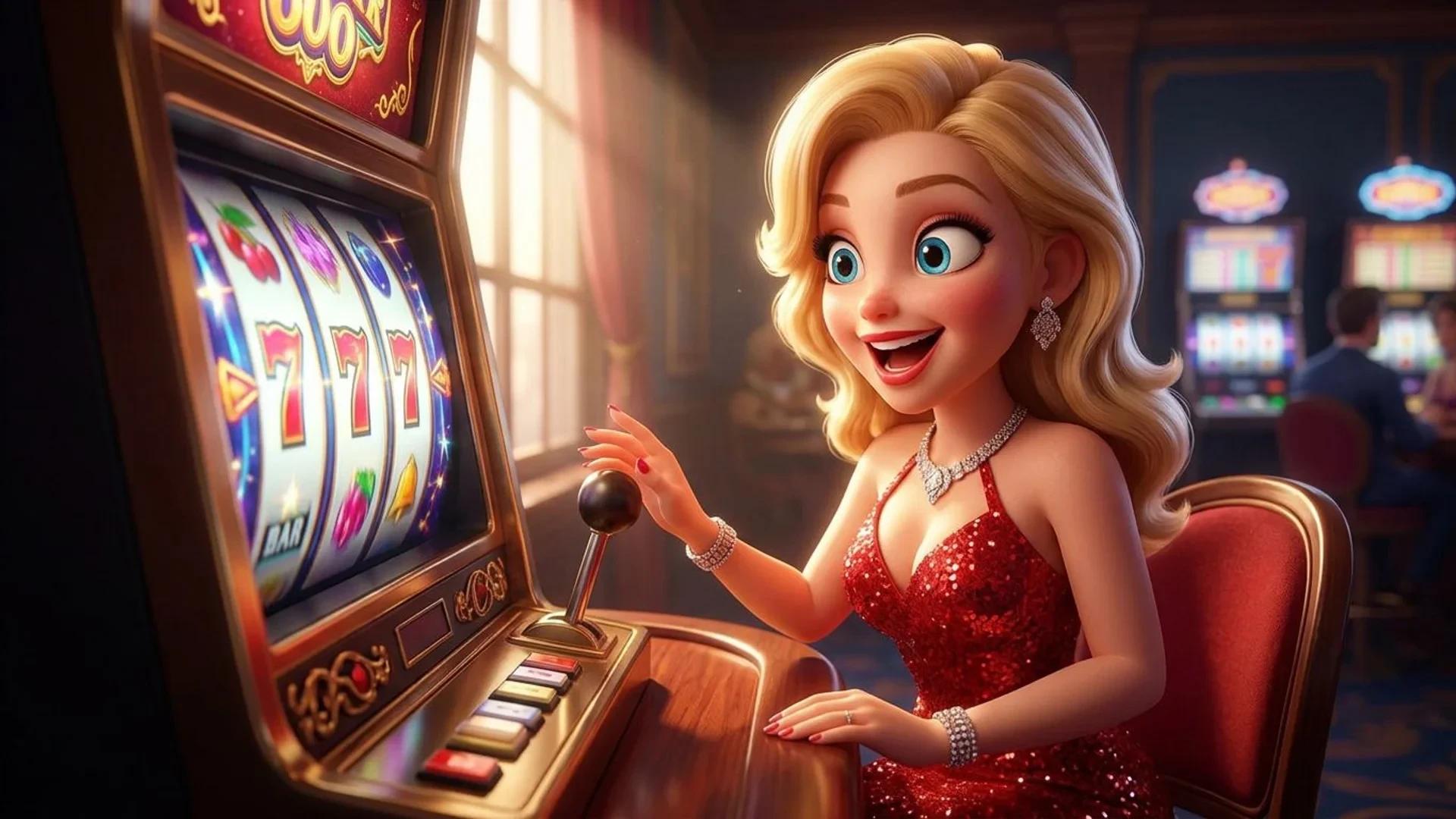 A close-up of a NordicSpins mascot excitedly preparing to play a slot machine at a casino.